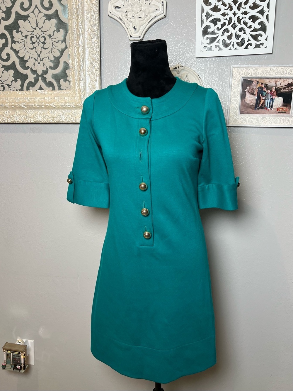Teal Short Sleeve Button Front Shift Dress - Picture 2 of 12